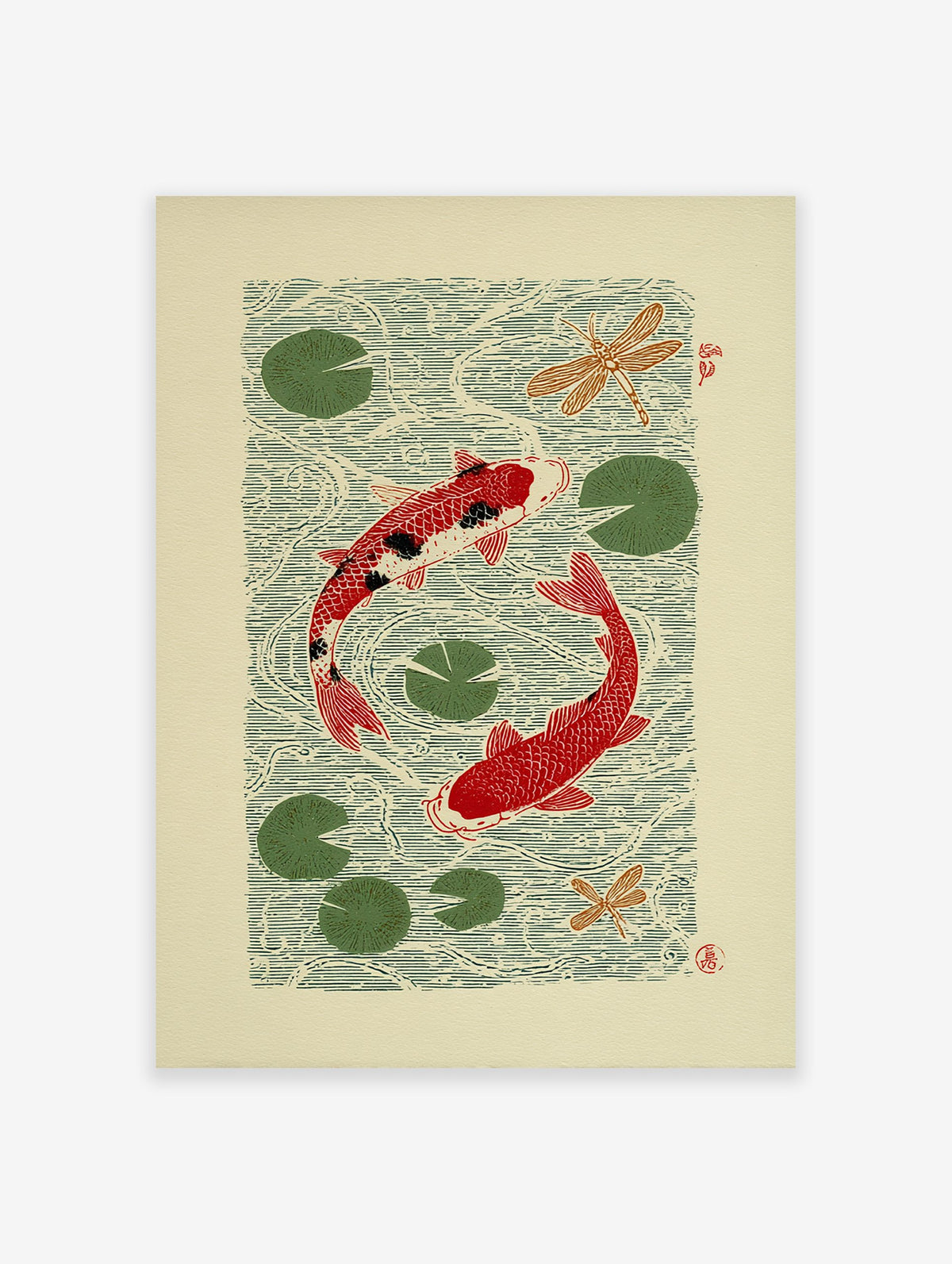 Japanese style koi fish poster with two red koi, green lily pads, and dragonflies in water.