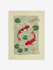 Japanese style koi fish poster with two red koi, green lily pads, and dragonflies in water.