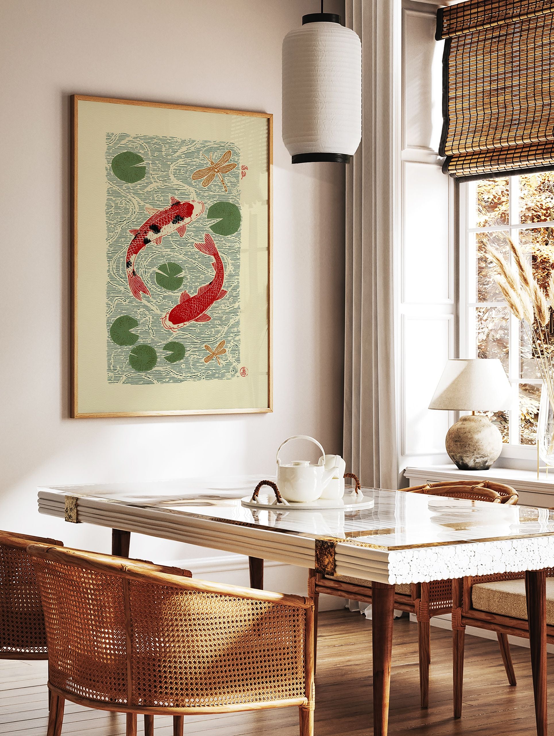 Japanese style koi fish poster with two red koi, green lily pads, and dragonflies in water. - Image 2