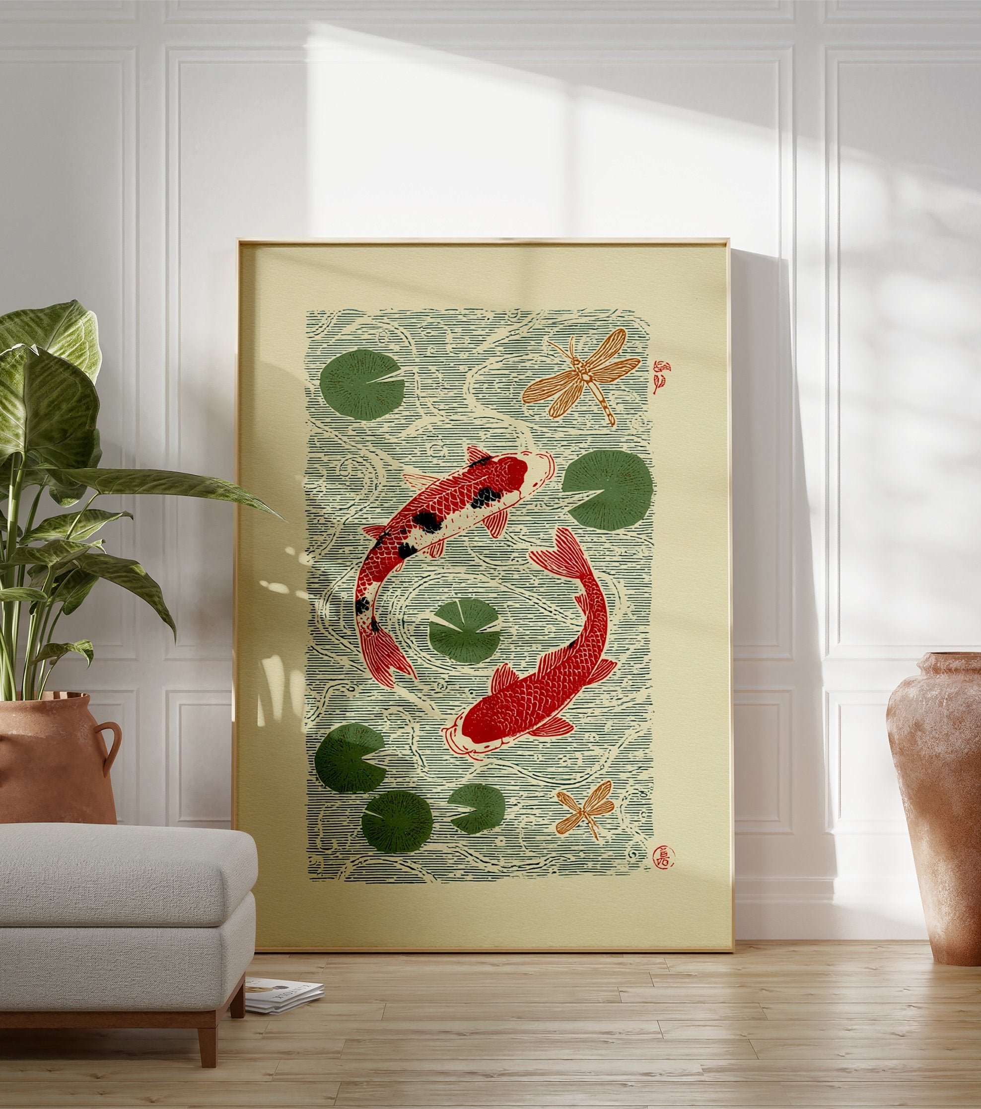 Japanese style koi fish poster with two red koi, green lily pads, and dragonflies in water. - Image 3