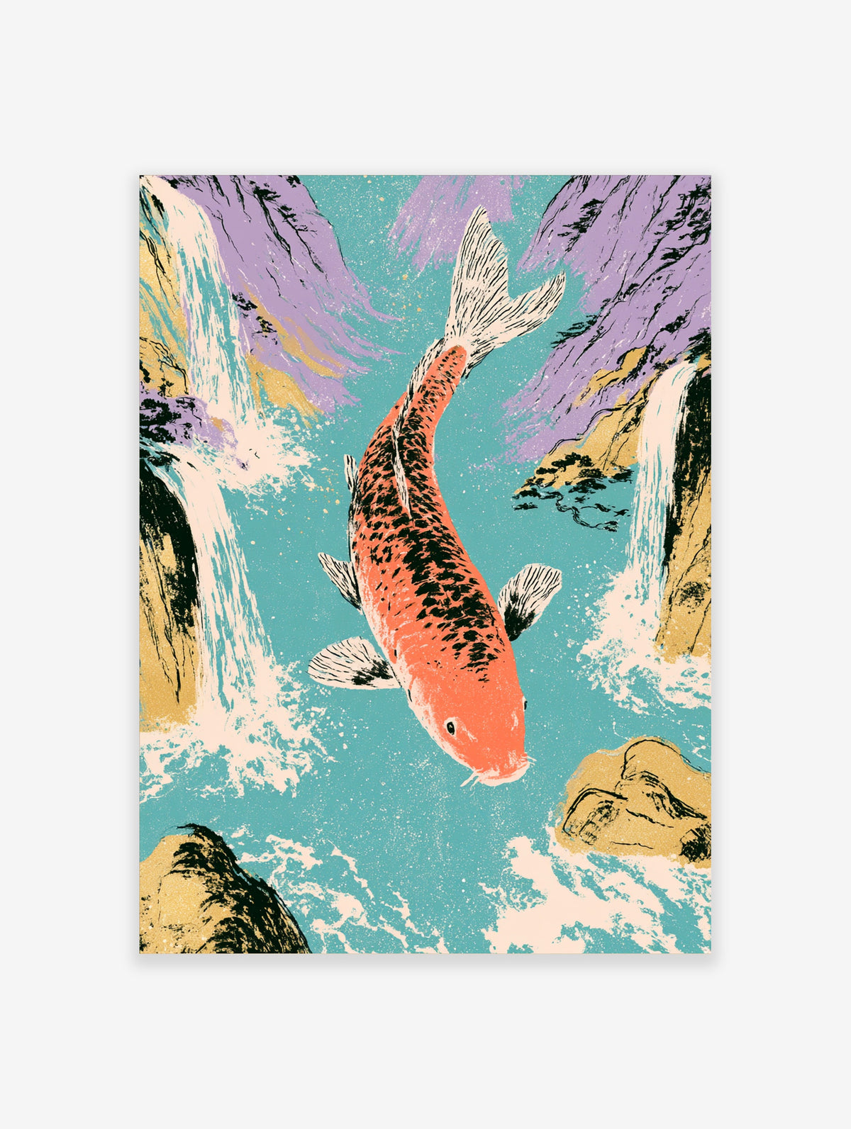 Orange and black koi fish swimming upward in teal water with purple rocks and waterfalls