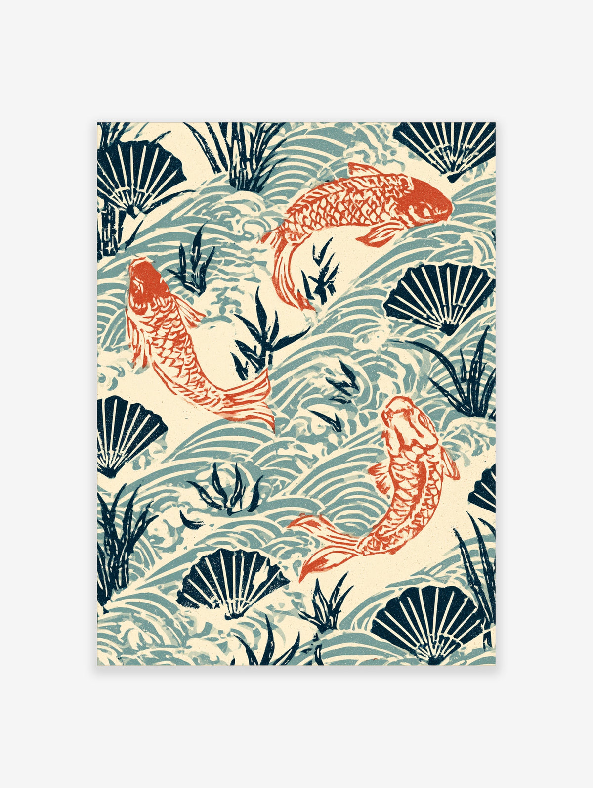 Koi fish poster with three orange carp swimming among blue waves, dark fans and green reeds