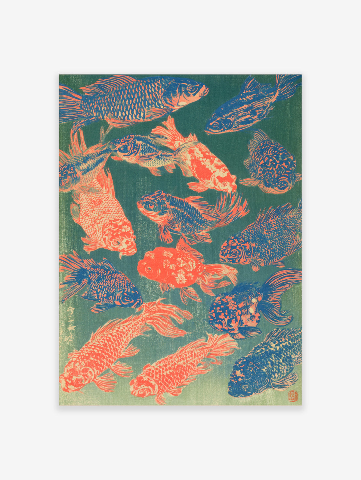Koi fish poster with blue and orange carp on green background, Japanese woodblock style art print