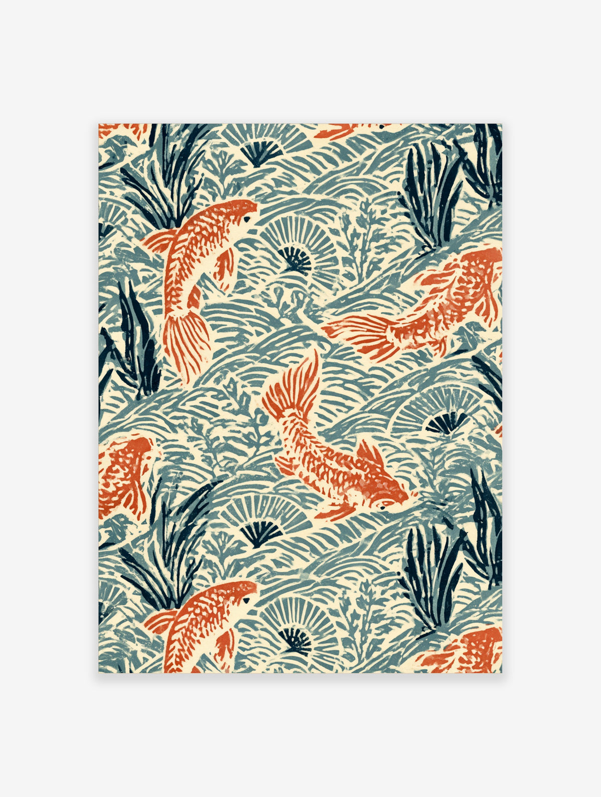 Orange koi fish swimming among blue wave patterns and dark green reeds in a Japanese woodblock style art print