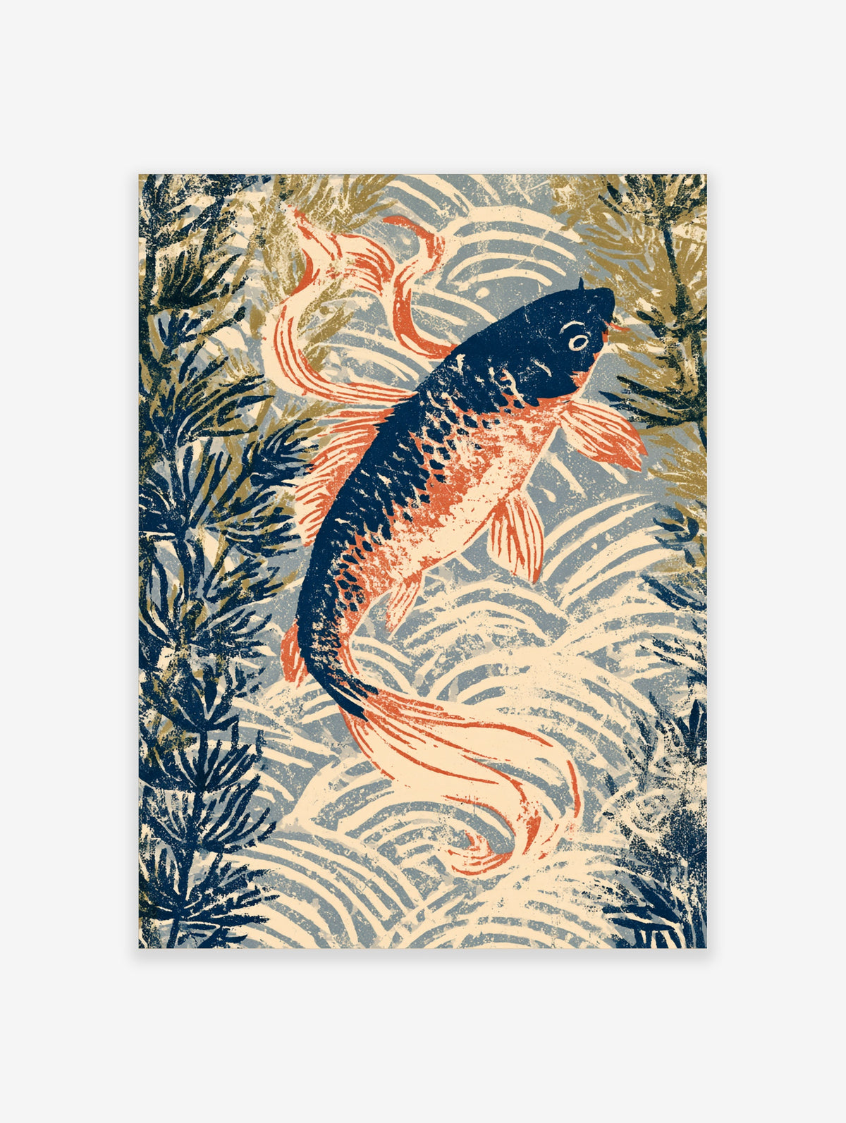 Navy and orange koi fish art print swimming through stylised water ripples and seaweed