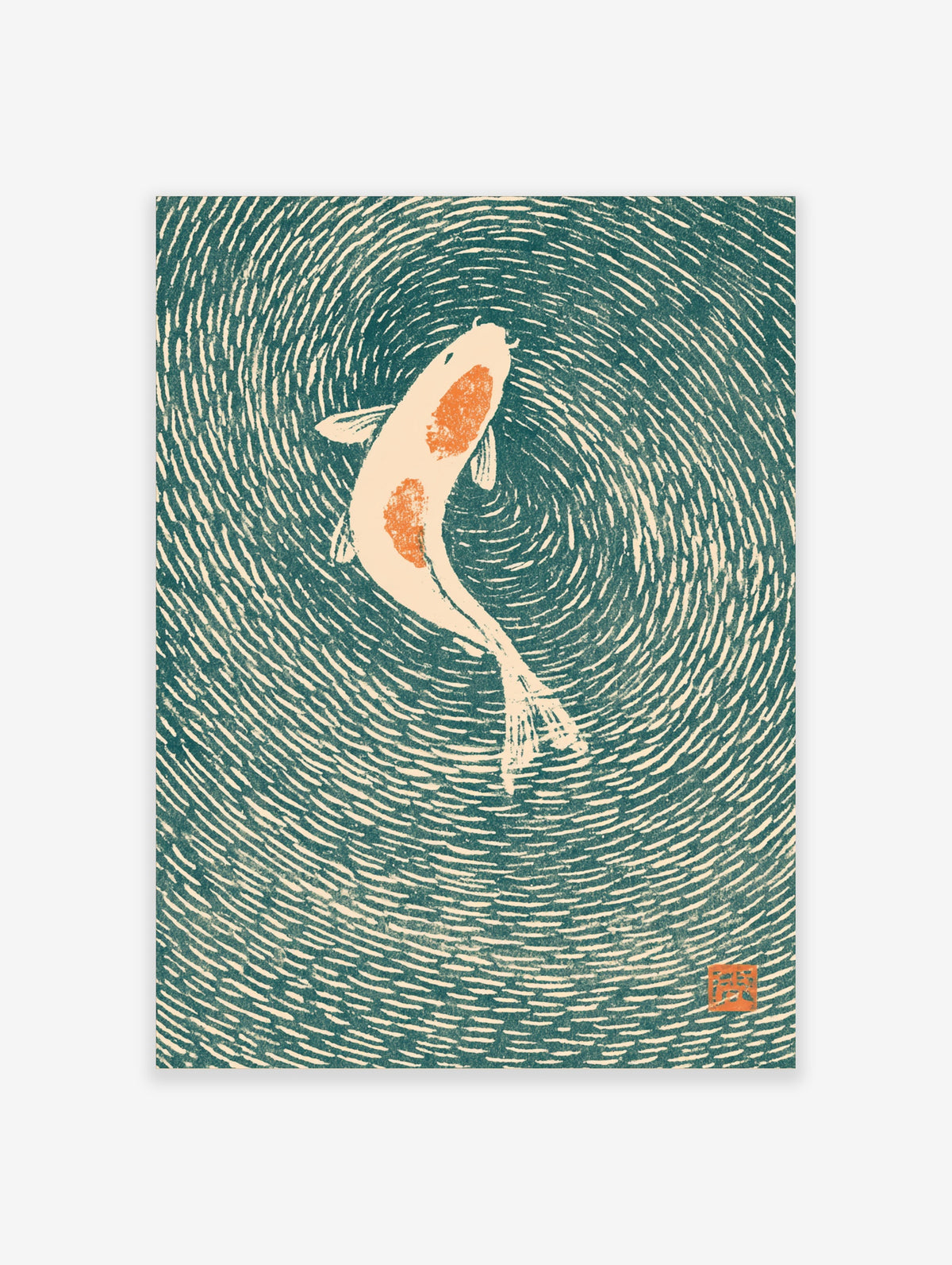 Koi fish poster with white and orange carp swimming through teal ripples