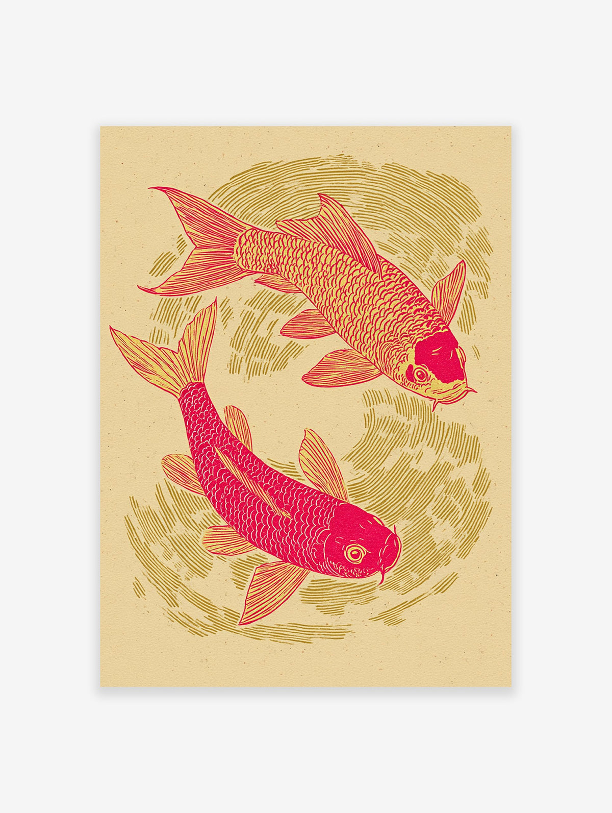 Red and yellow Koi fish poster with two fish swimming in a circular pattern on a light background, illustrative style.