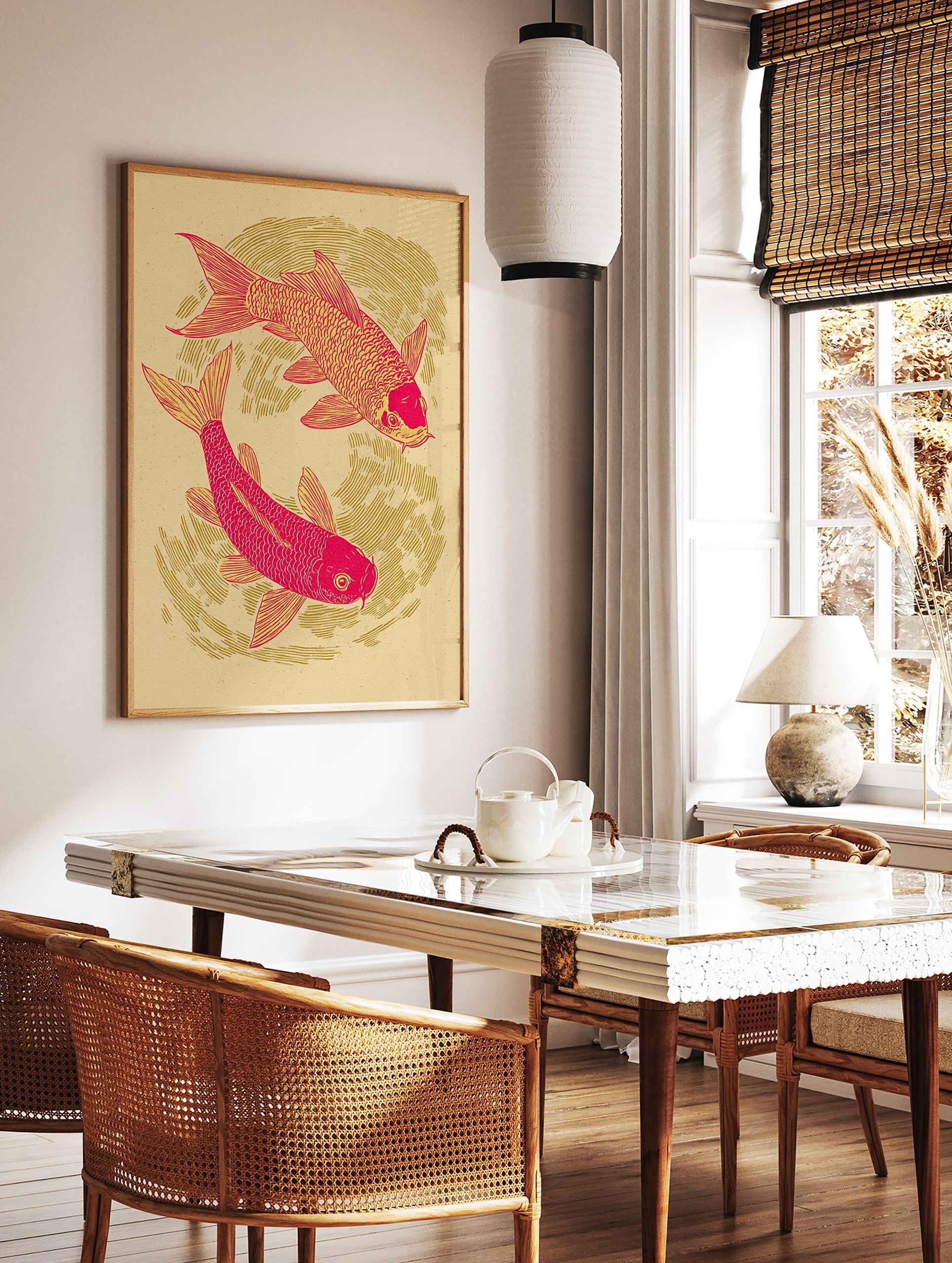 Red and yellow Koi fish poster with two fish swimming in a circular pattern on a light background, illustrative style. - Image 2