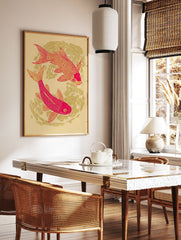 Red and yellow Koi fish poster with two fish swimming in a circular pattern on a light background, illustrative style. - Image 2