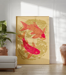 Red and yellow Koi fish poster with two fish swimming in a circular pattern on a light background, illustrative style. - Image 3
