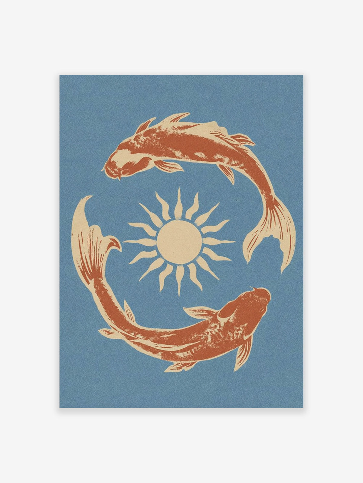 Illustrative wall art print of two koi fish swimming in a circle around a sun, terracotta orange on blue background