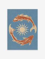Illustrative wall art print of two koi fish swimming in a circle around a sun, terracotta orange on blue background