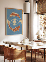 Illustrative wall art print of two koi fish swimming in a circle around a sun, terracotta orange on, in a styled room mockup