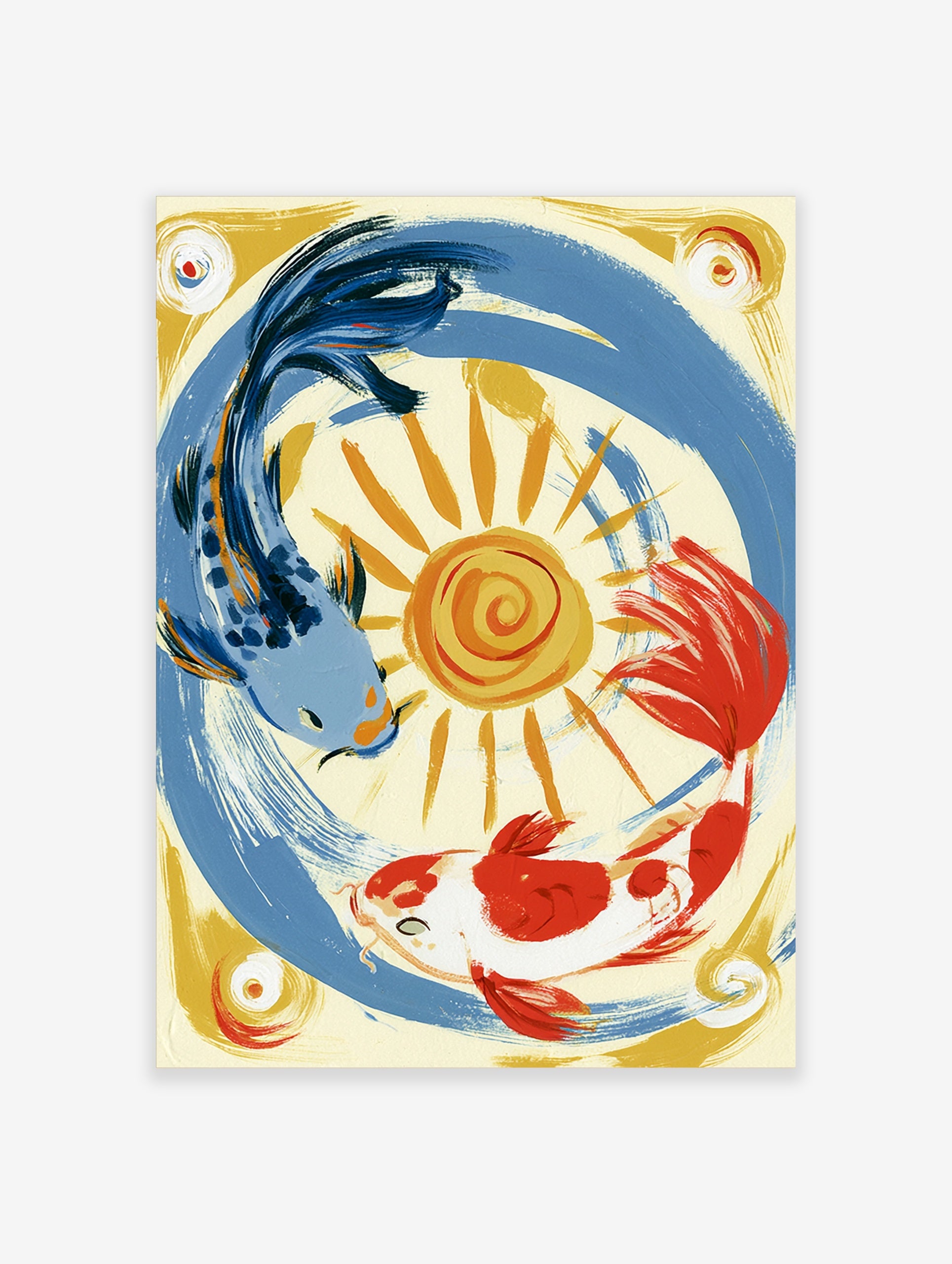 Stylised illustration of a blue koi and an orange koi fish circling a yellow sun on a cream background