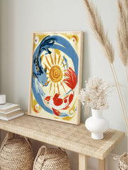 Stylised illustration of a blue koi and an orange koi fish circling a yellow sun on a cream, in an alternate framed mockup
