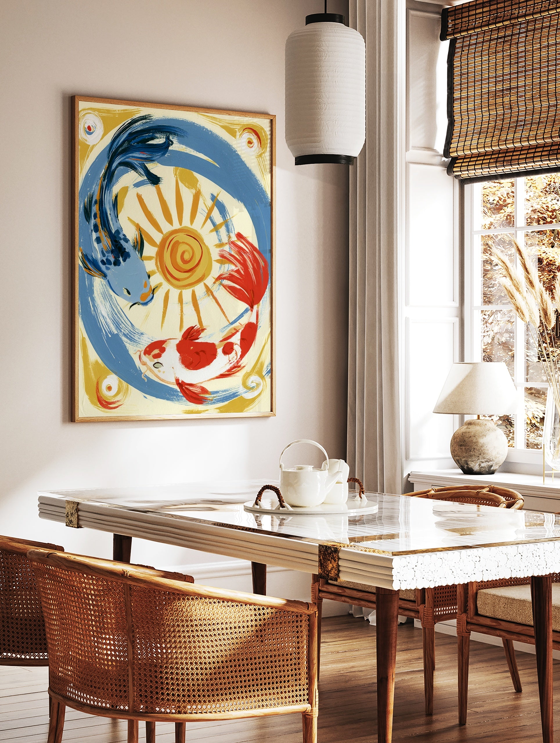 Stylised illustration of a blue koi and an orange koi fish circling a yellow sun on a cream, in a styled room mockup