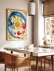 Stylised illustration of a blue koi and an orange koi fish circling a yellow sun on a cream, in a styled room mockup