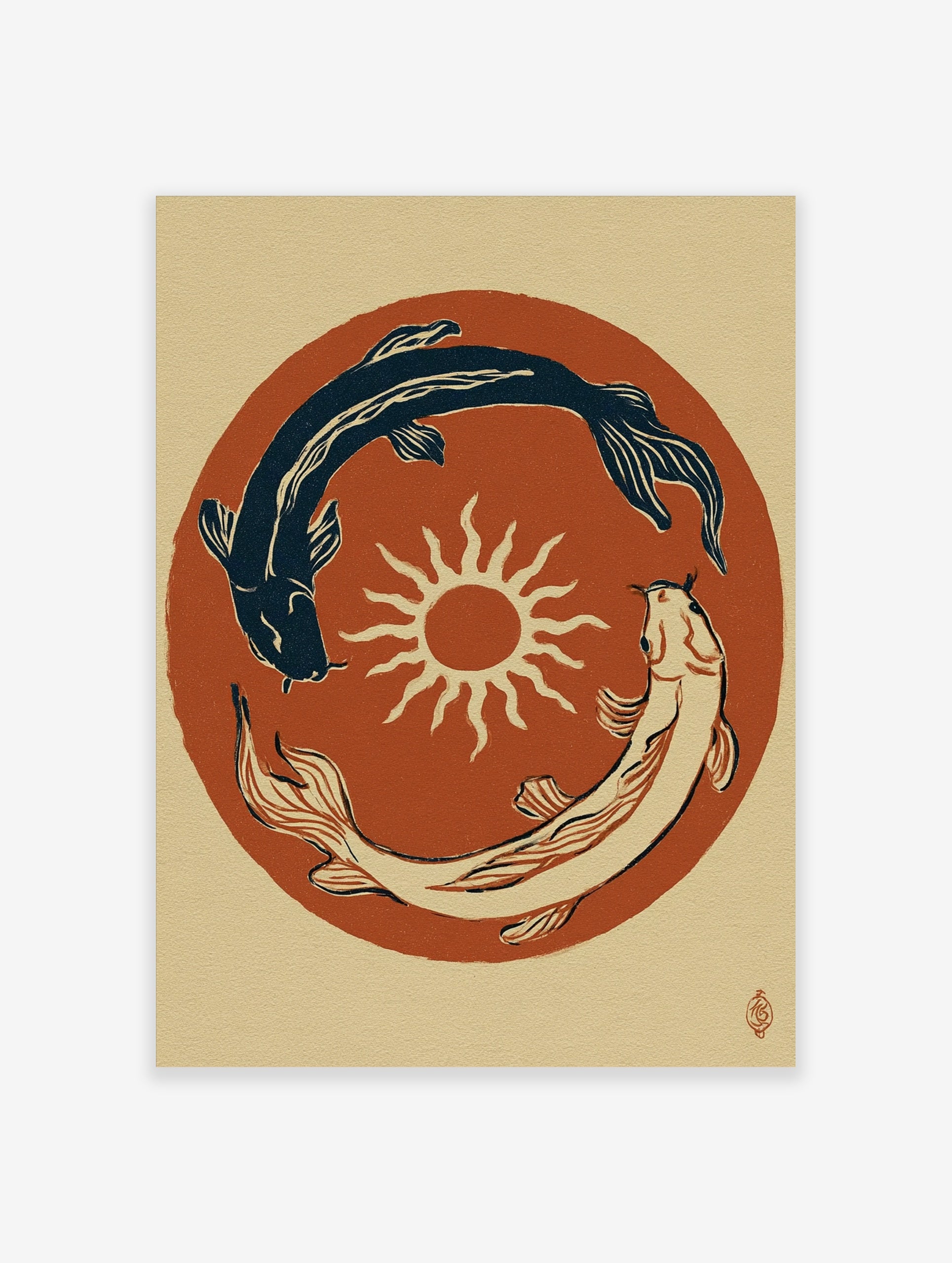 Japanese style illustration of two koi fish circling a sun on a terracotta background