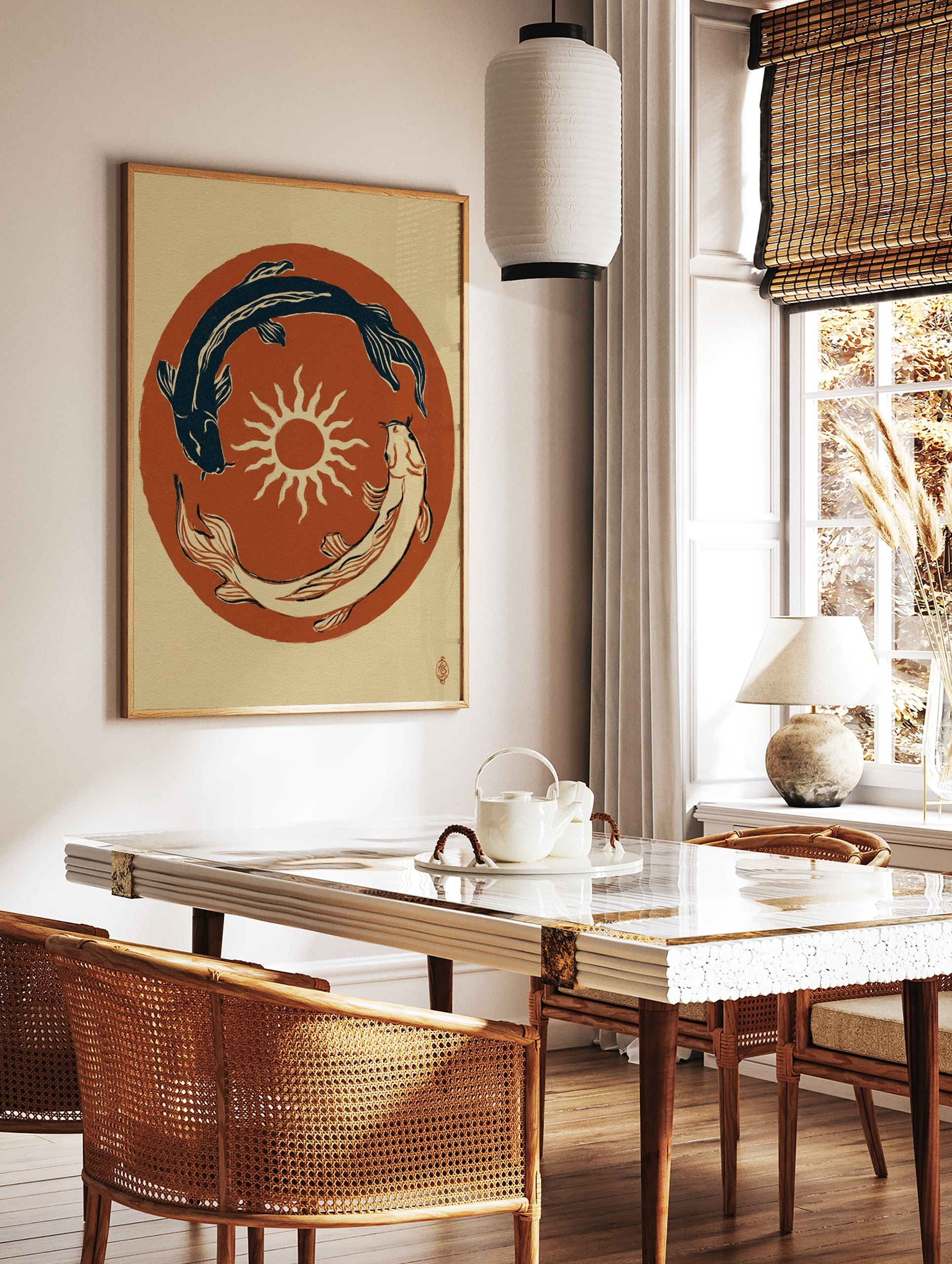 Japanese style illustration of two koi fish circling a sun on a terracotta background, in a styled room mockup