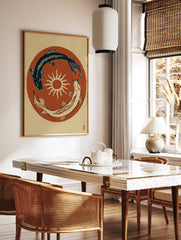 Japanese style illustration of two koi fish circling a sun on a terracotta background, in a styled room mockup
