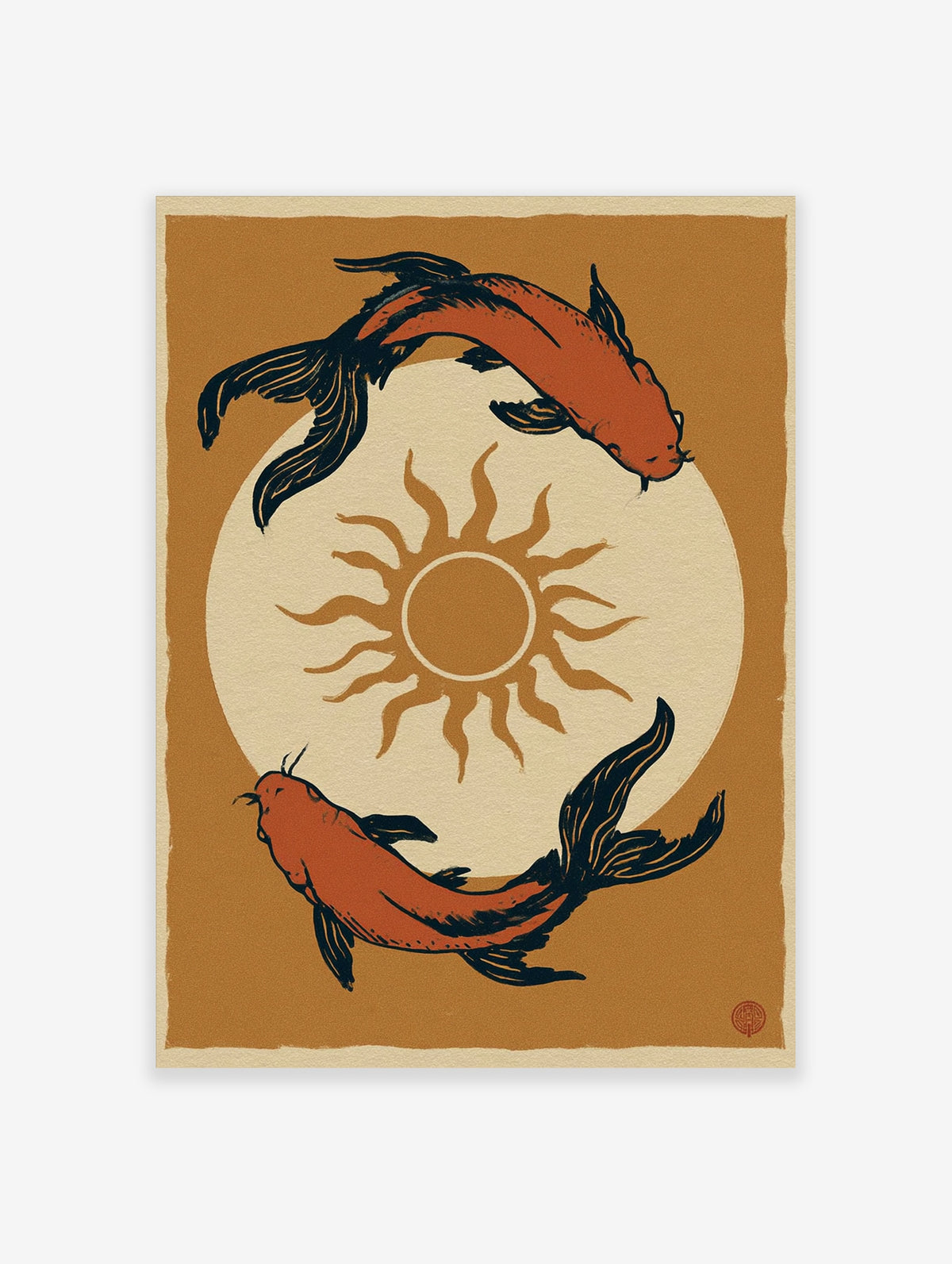 Japanese style koi fish wall art print featuring two orange fish circling a sun on a textured tan background