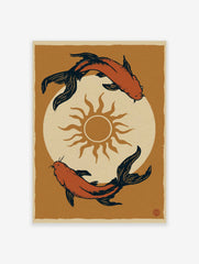 Japanese style koi fish wall art print featuring two orange fish circling a sun on a textured tan background