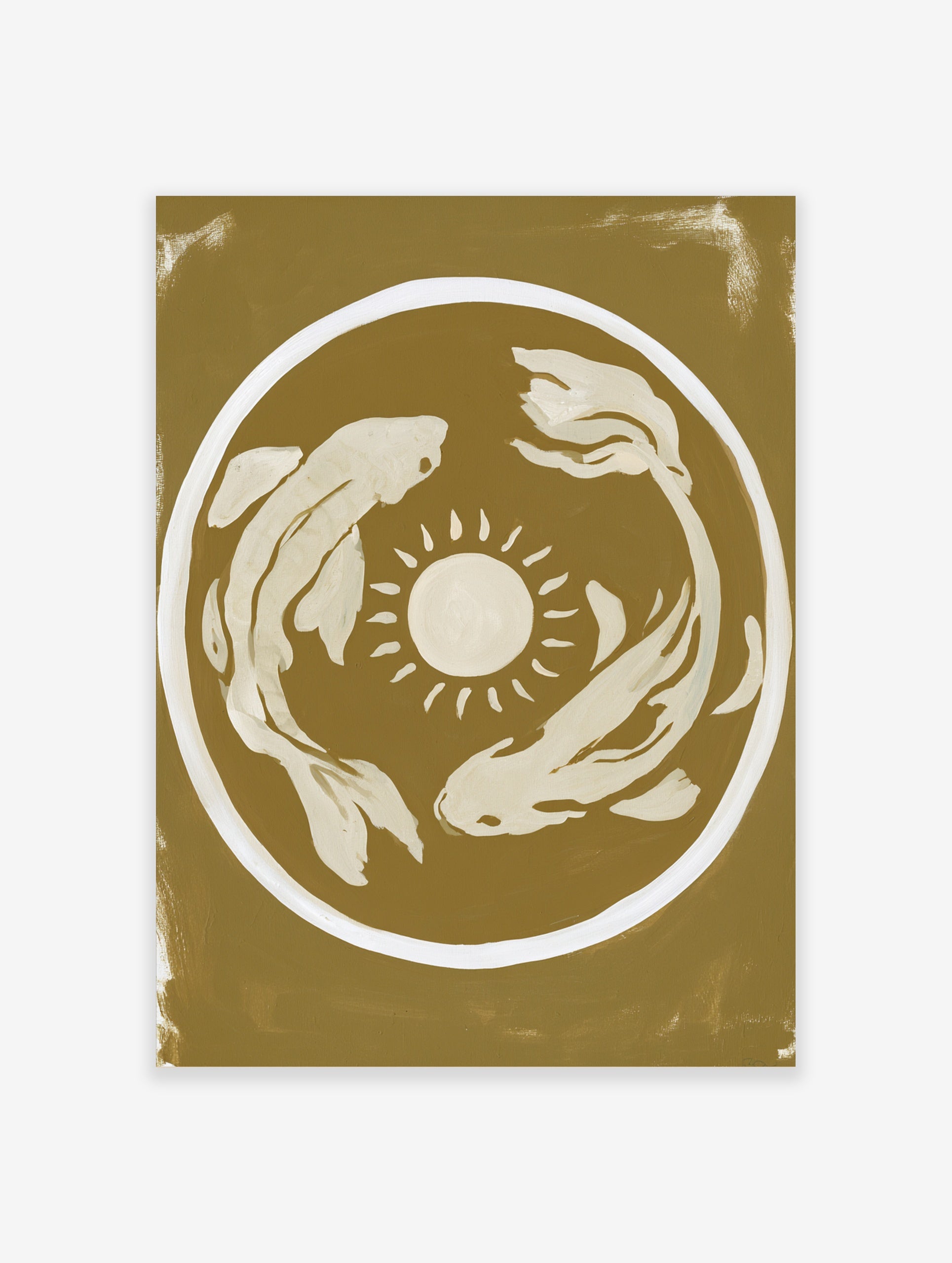 Minimalist koi fish and sun illustration art print in mustard yellow and cream on an unframed paper poster