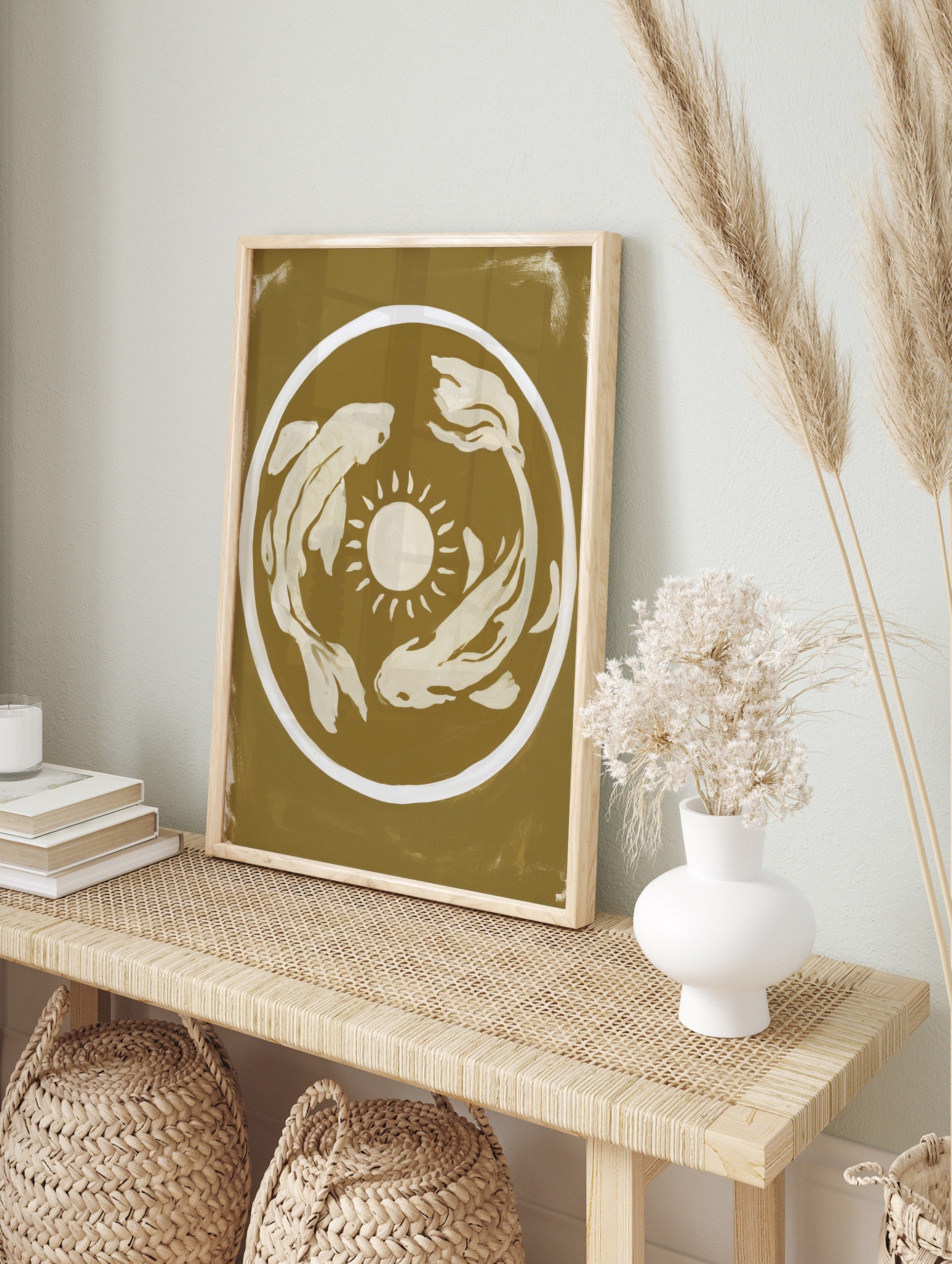 Minimalist koi fish and sun illustration art print in mustard yellow and cream on an unframed, in an alternate framed mockup