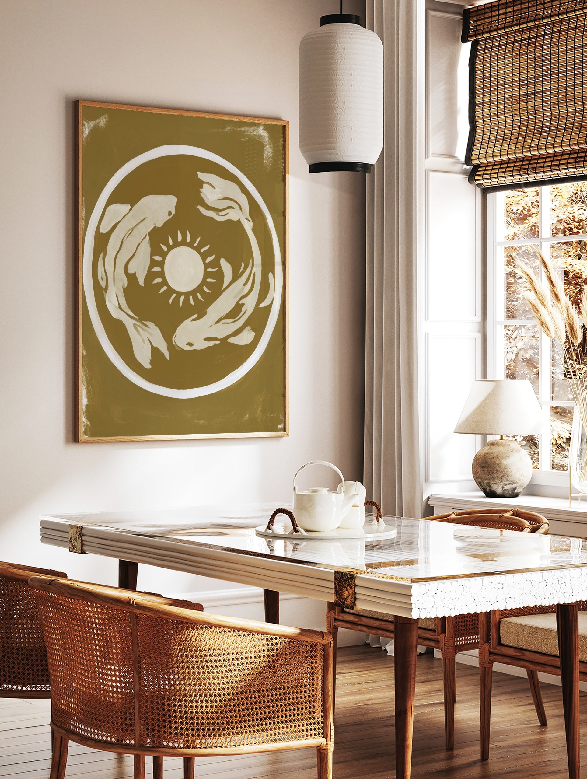 Minimalist koi fish and sun illustration art print in mustard yellow and cream on an unframed paper, in a styled room mockup