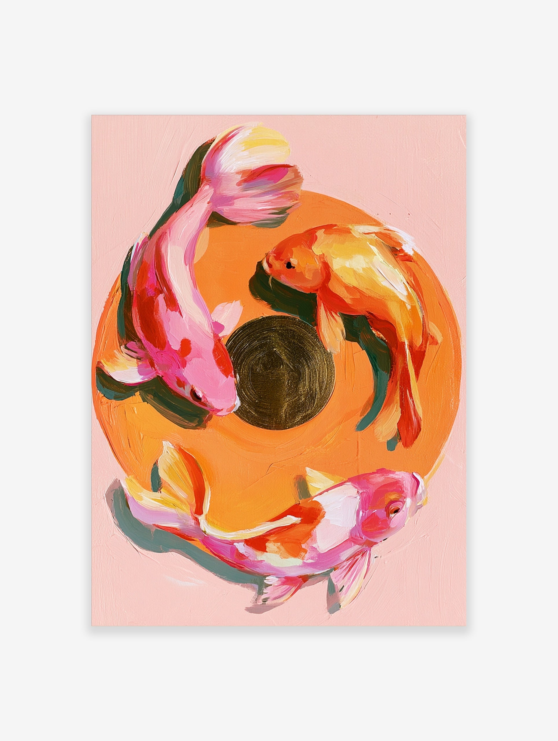 Painterly koi fish wall art print with three fish in a circular composition on a soft pink background