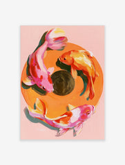 Painterly koi fish wall art print with three fish in a circular composition on a soft pink background