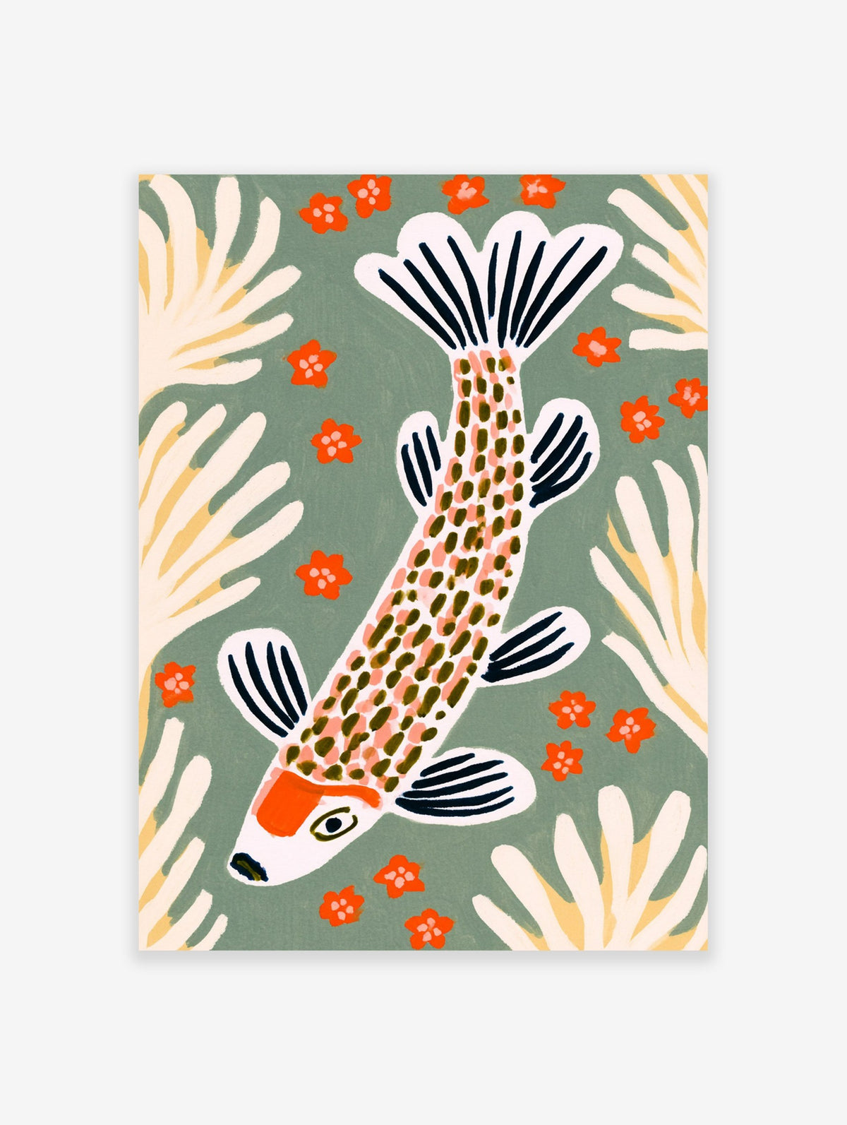 Illustrative koi fish swimming among orange flowers and white coral shapes on a muted green background wall art print