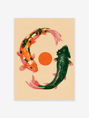 Illustrative art print of two koi fish, one orange and one green, circling an orange sun on a textured tan background