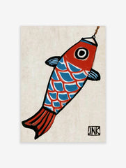 Stylized koi fish illustration with red head, blue scales, and black outlines, hanging from a hook on a neutral background