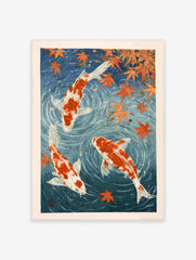 Japanese-style koi fish wall art print with orange carp and maple leaves in deep blue water