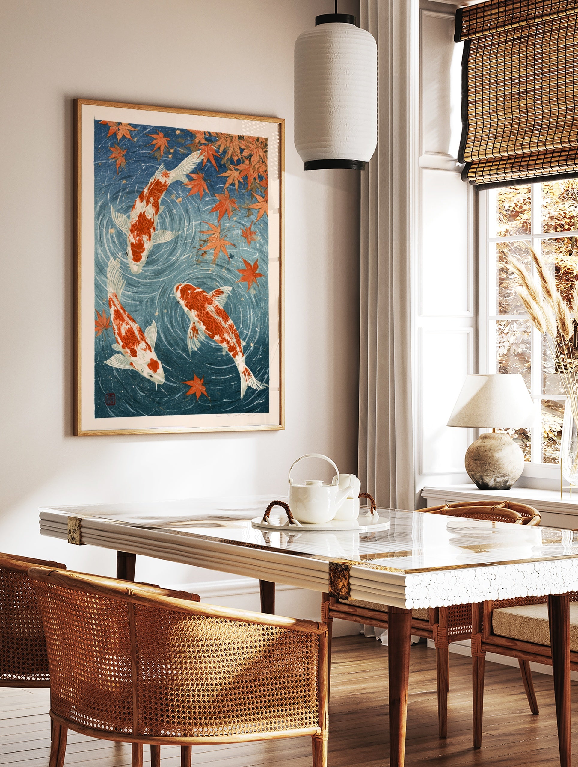 Japanese-style koi fish wall art print with orange carp and maple leaves in deep blue water, in a styled room mockup