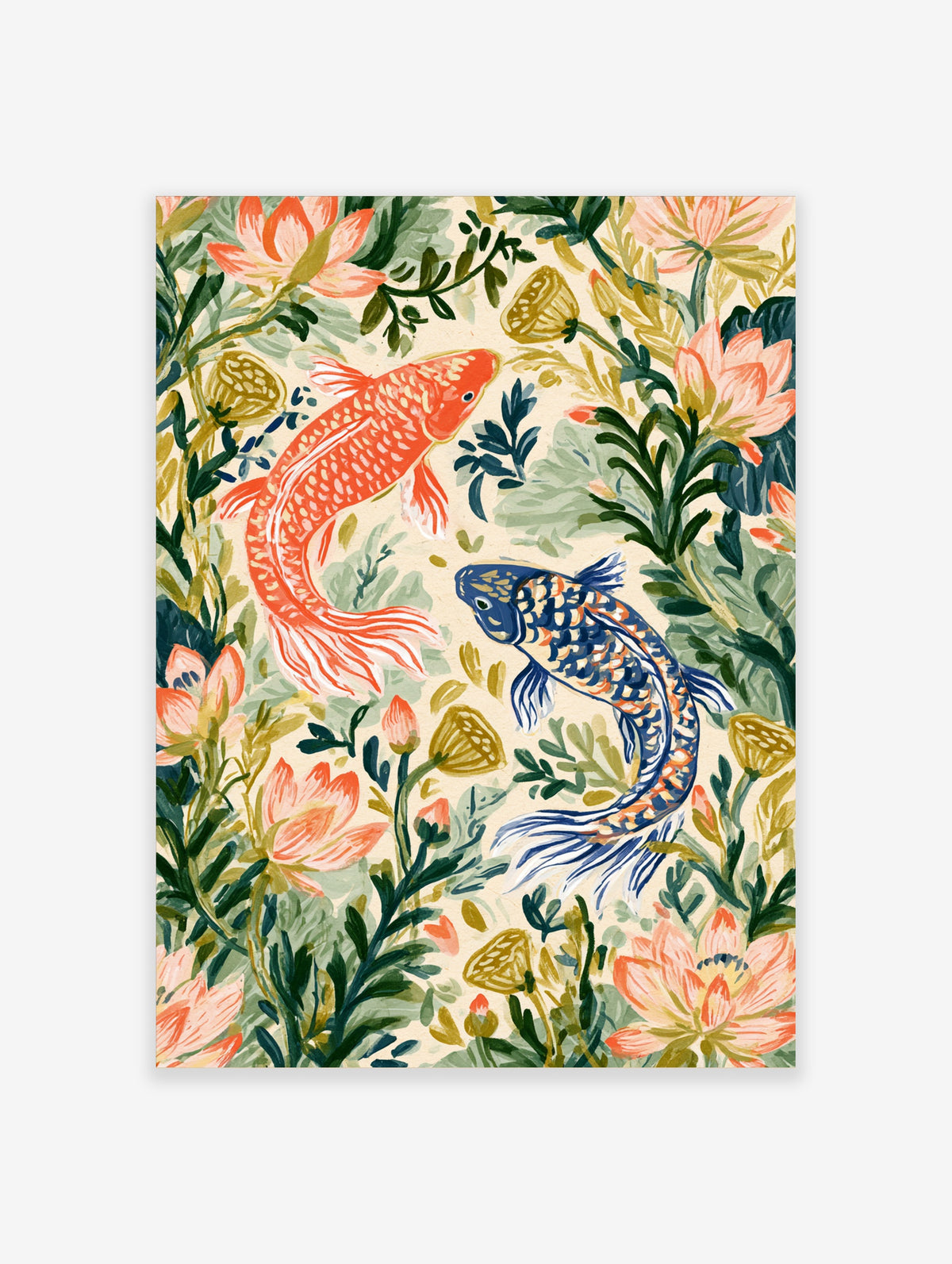Koi fish art print with two painted carp and pink lotus flowers on a cream background