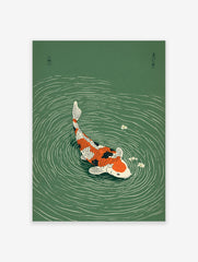 Vibrant orange, black, and white koi fish swimming in green water with ripples and white flowers, Japanese illustration art print.