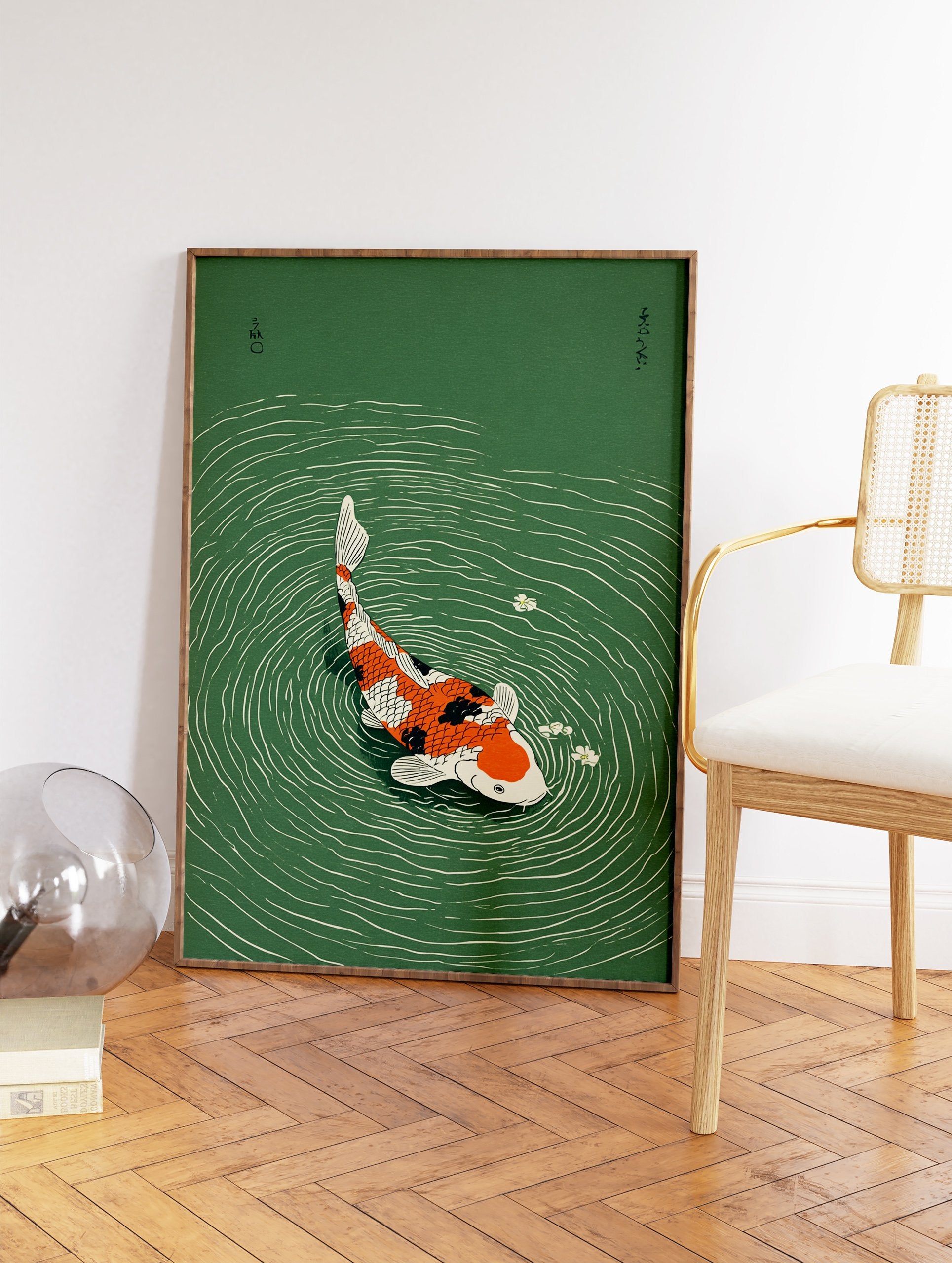 Vibrant orange, black, and white koi fish swimming in green water with ripples and white flowers, Japanese illustration art print. - Image 2