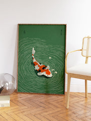 Vibrant orange, black, and white koi fish swimming in green water with ripples and white flowers, Japanese illustration art print. - Image 2