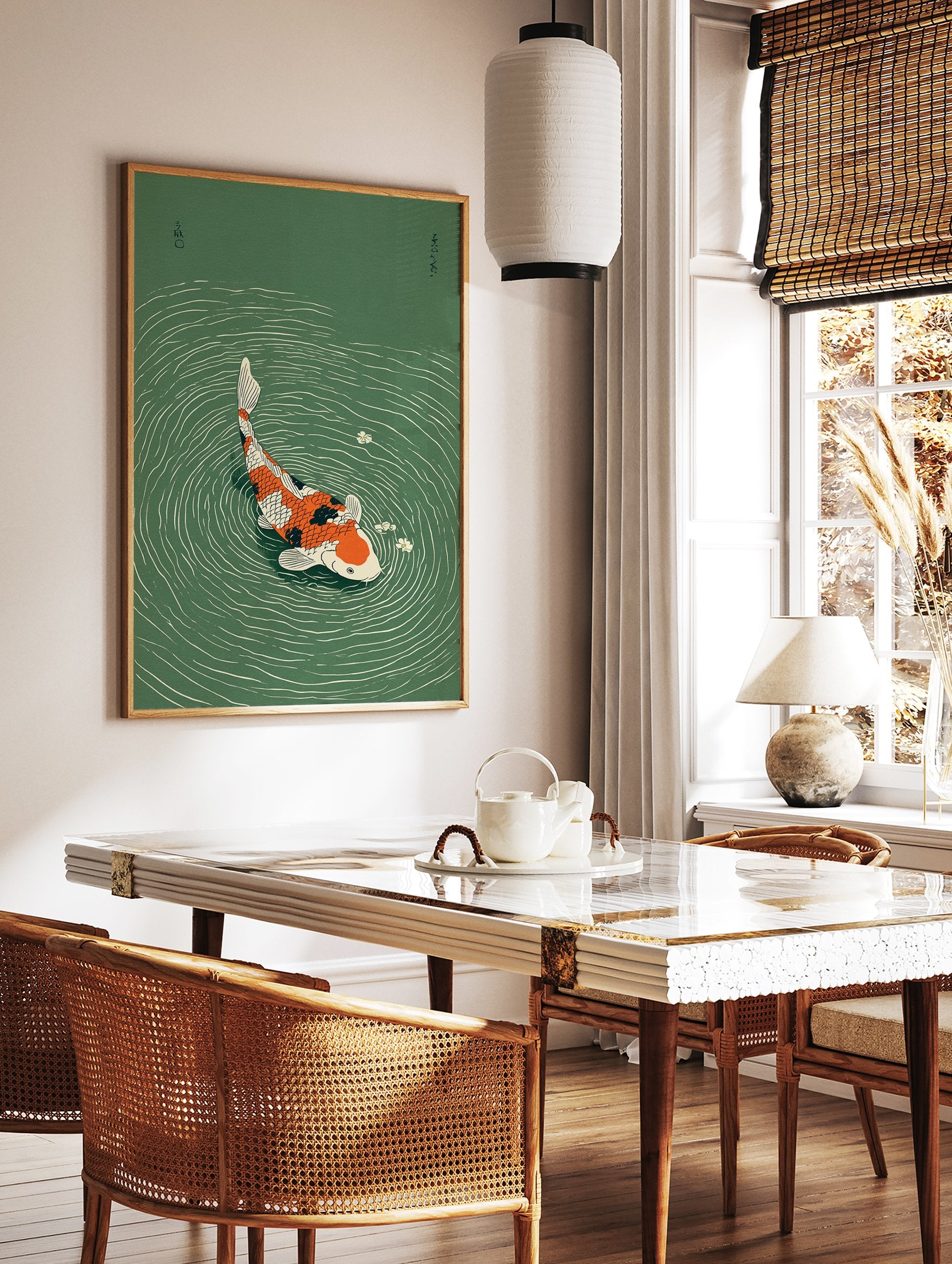 Vibrant orange, black, and white koi fish swimming in green water with ripples and white flowers, Japanese illustration art print. - Image 3