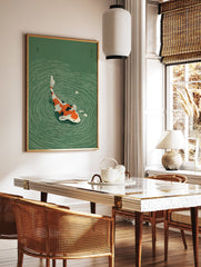 Vibrant orange, black, and white koi fish swimming in green water with ripples and white flowers, Japanese illustration art print. - Image 3