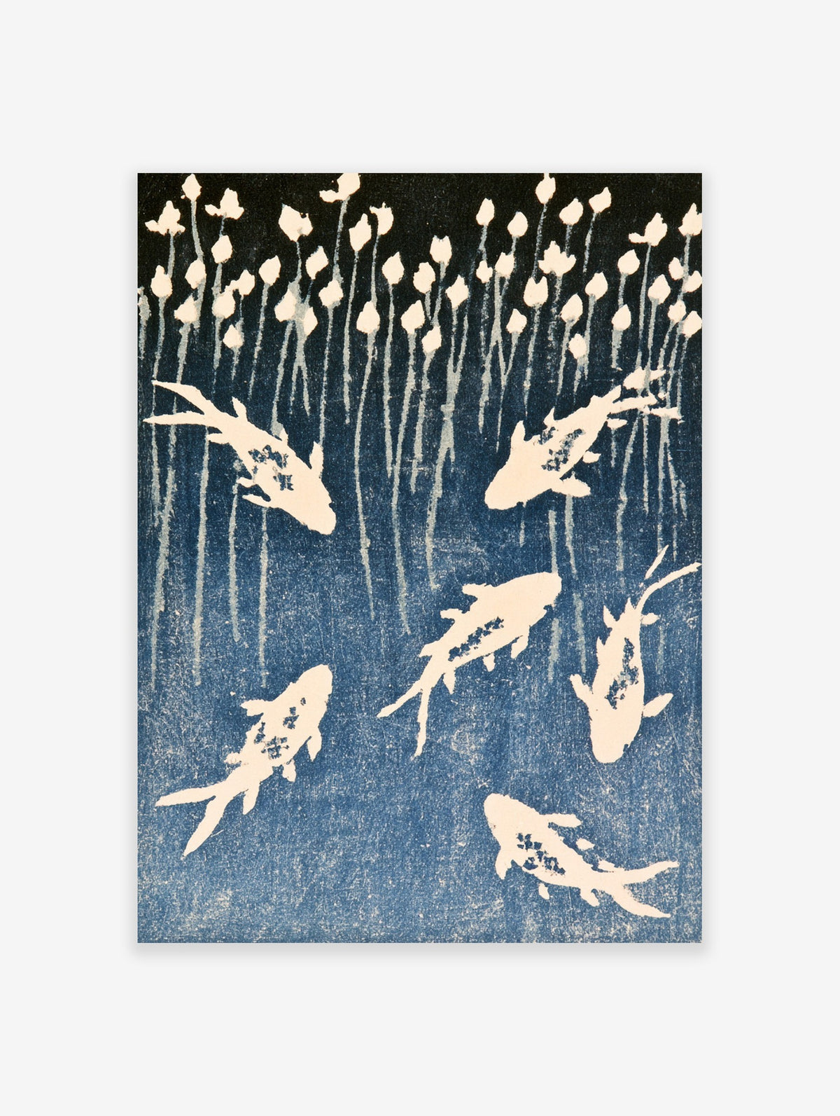 Blue koi fish swimming amongst reeds in a minimalist illustrative art print on textured blue background