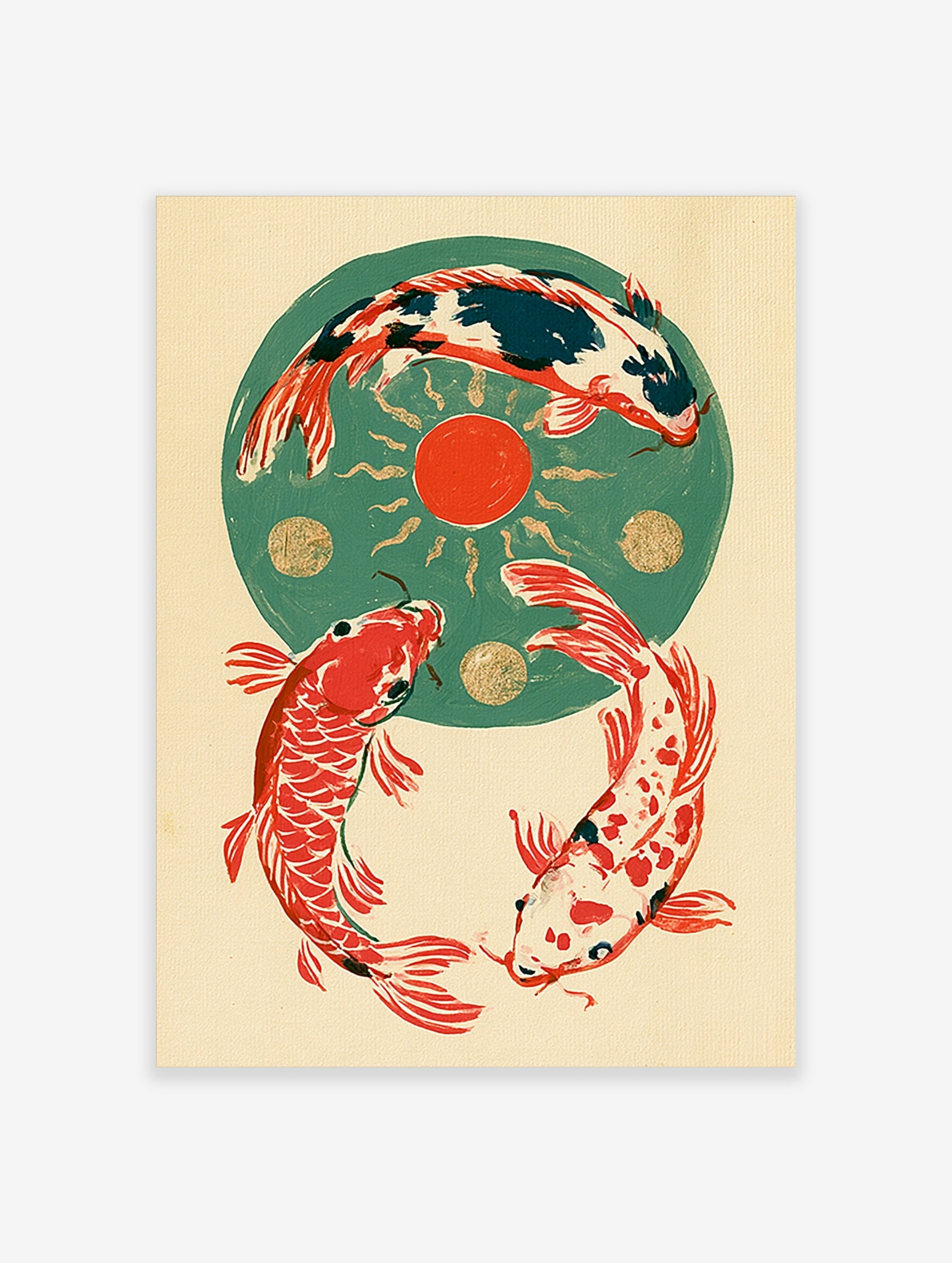 Three koi fish in a circular formation around a red sun and gold circles on a green background