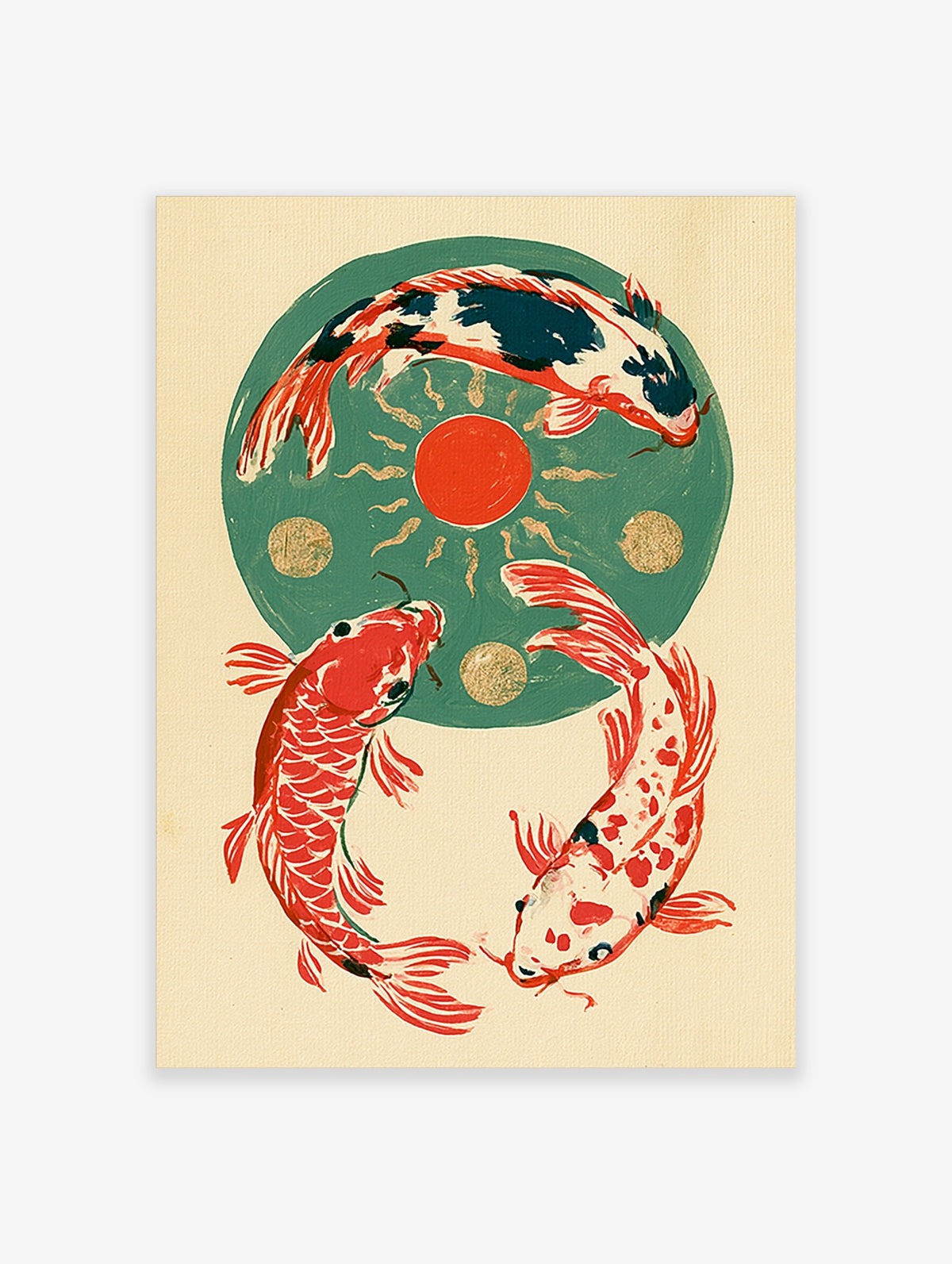 Three koi fish in a circular formation around a red sun and gold circles on a green background