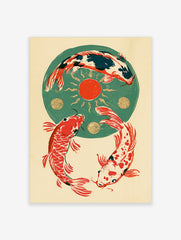 Three koi fish in a circular formation around a red sun and gold circles on a green background