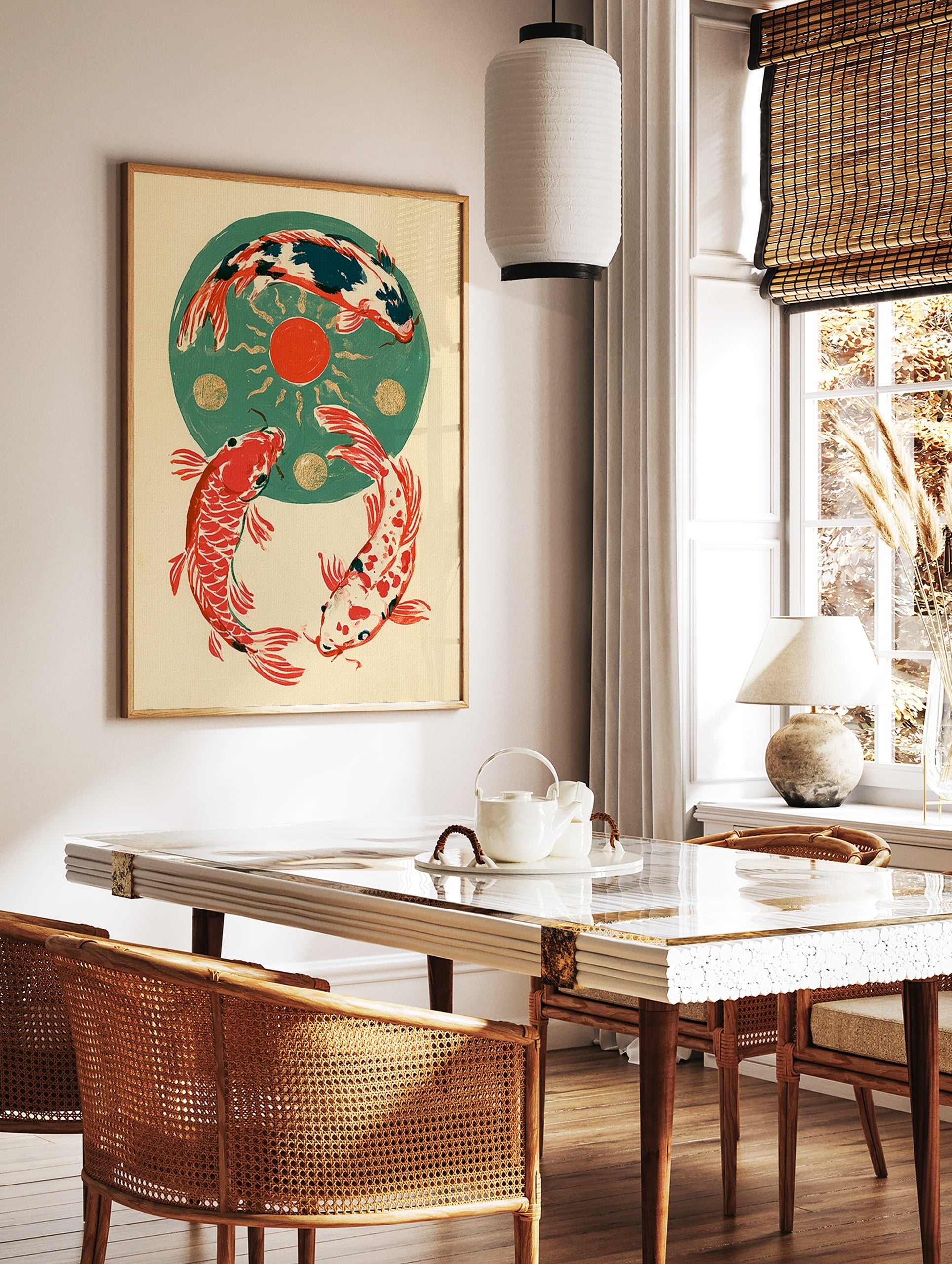 Three koi fish in a circular formation around a red sun and gold circles on a green background, in a styled room mockup