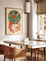 Three koi fish in a circular formation around a red sun and gold circles on a green background, in a styled room mockup