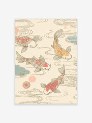 Three Koi fish, two pink and one orange, swimming in swirling water with blue and pink accents on a light background
