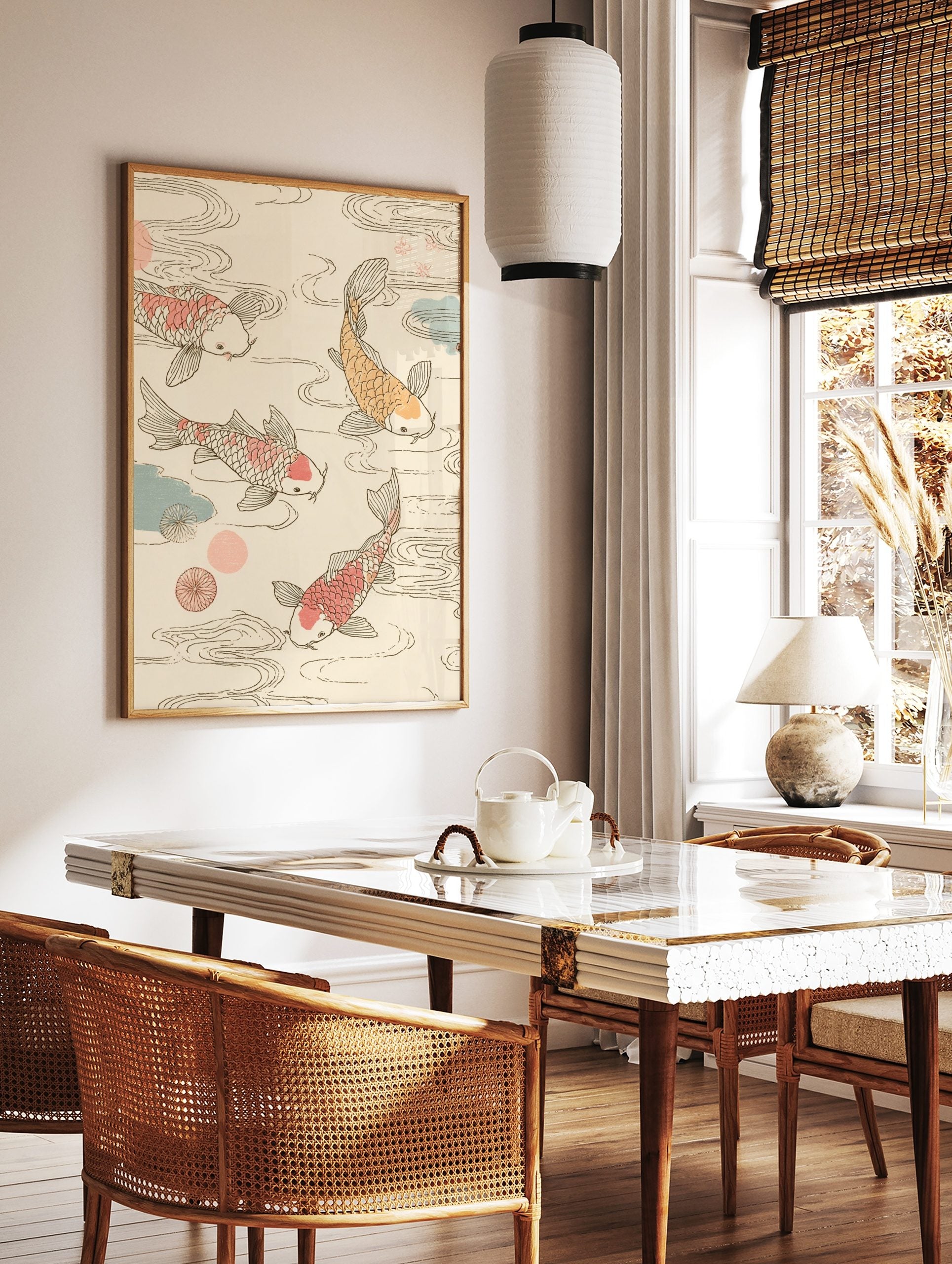 Three Koi fish, two pink and one orange, swimming in swirling water with blue and pink accents on a, in a styled room mockup
